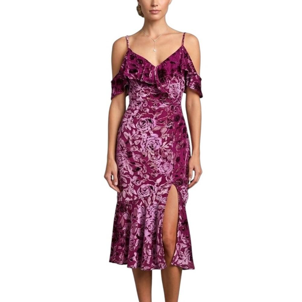 Lulus Magenta Burnout Velvet Floral Print Midi Dress Sheer Mesh Size Small